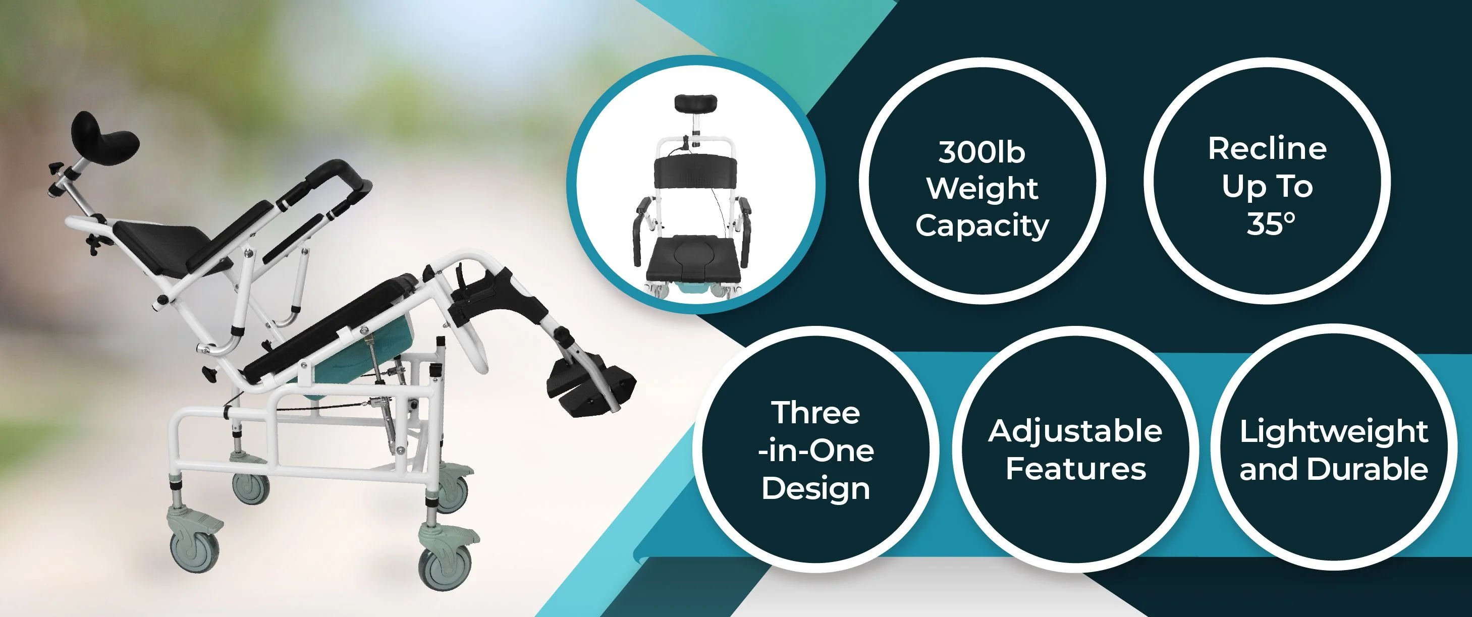 VIVE Reclining Shower Commode Transport Chair #MOB1082WHT - Image 6